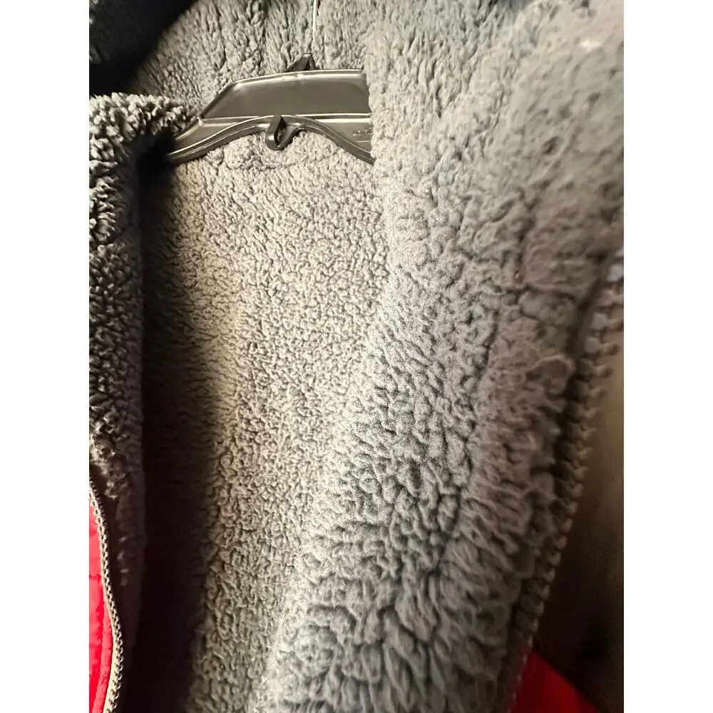 Eddie Bauer Youth Puffer Jacket Red Gray Hooded Coat Kids L 14/16 Winter